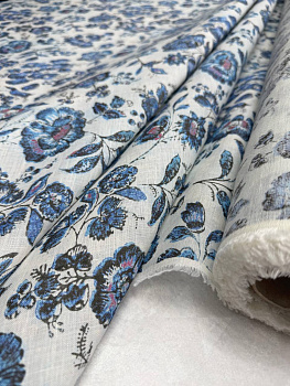Лён LORO PIANA с красивым стилизованным цветочным рисунком в сине-голубых оттенках
